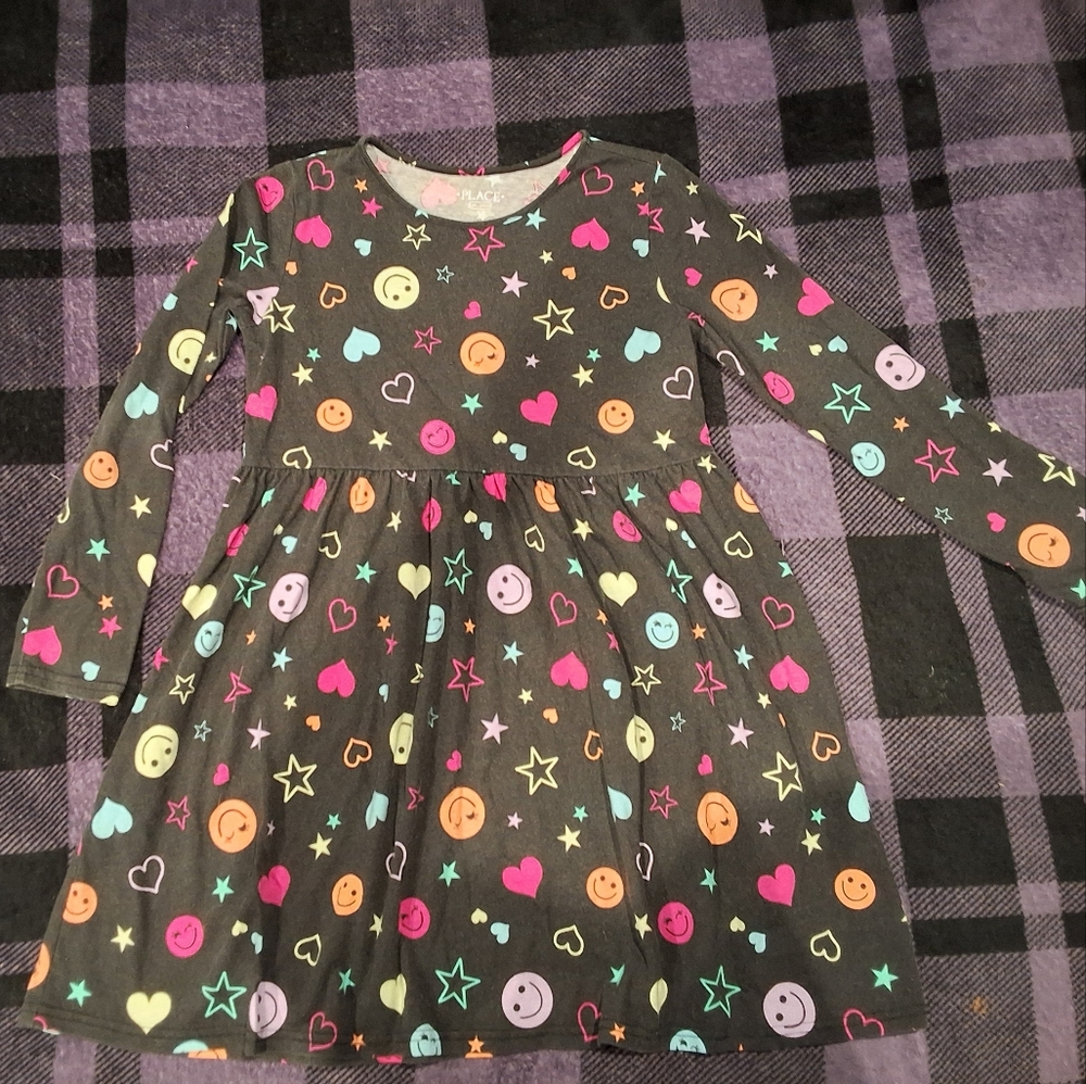 Girls' Black Smiley & Hearts Long Sleeve Dress